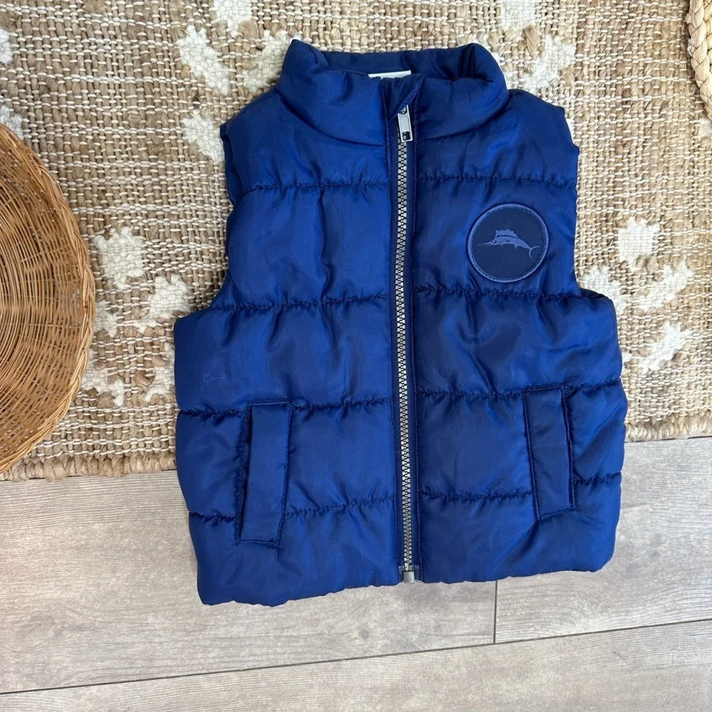 New Tommy Bahama Baby Boys Puffer Vest Jacket Navy Blue Logo Patch 12 Months